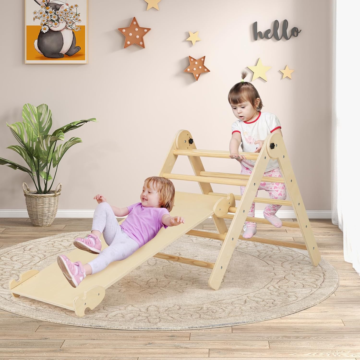 HONEY JOY Climbing Toys for Toddlers, 4 in 1 Foldable Wooden Montessori Kids Triangle Climber, Double Side Ramp & Climber, Baby Learning Indoor Climbing Ladder Gym for Boys Girls (Natural)