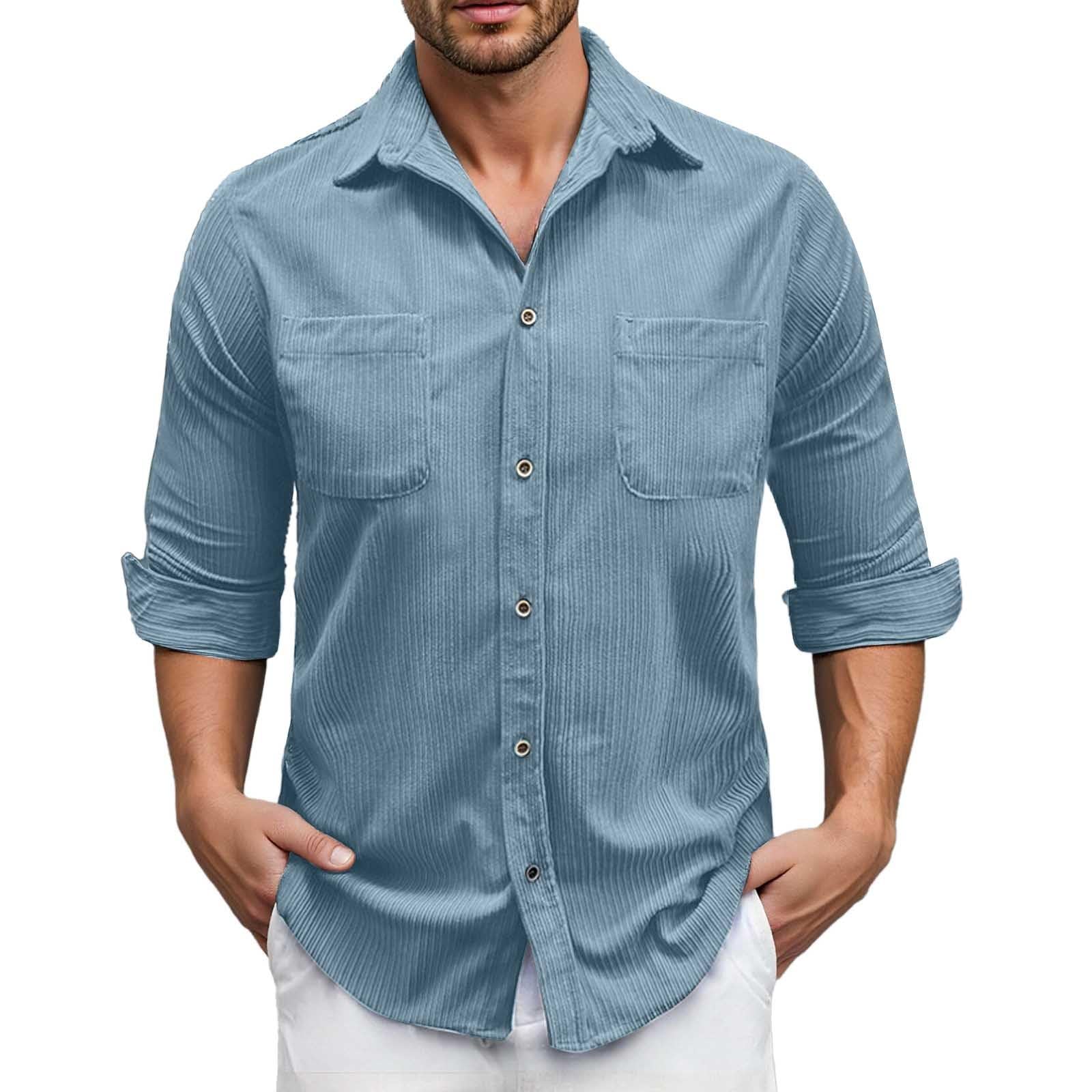 Camicia Uomo Collo Coreana-Camicia casual da uomo in velluto a coste, a maniche lunghe, vestibilità slim, tinta unita, con bottoni e taschino sul petto, per l'uso quotidiano in autunno e inverno.