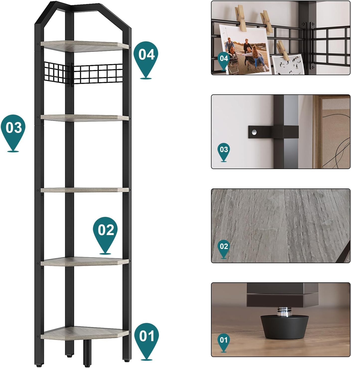 YMYNY 5-Tier Corner Shelf, Freestanding Corner Bookcase with 6 Wooden Clips and 6 S-Hooks, Multi Display Shelf Rack for Living Room, Bathroom, Bedroom, Small Space, Silver Gray, 69" H, UHBR006Y