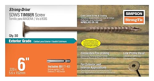 Miniatura 2 de Simpson Strong-Tie SDWS22600DB-R50 Tornillos para madera SDWS de accionamiento fuerte (grado exterior), 0.220 pulgadas x 6 pulgadas, revestimiento