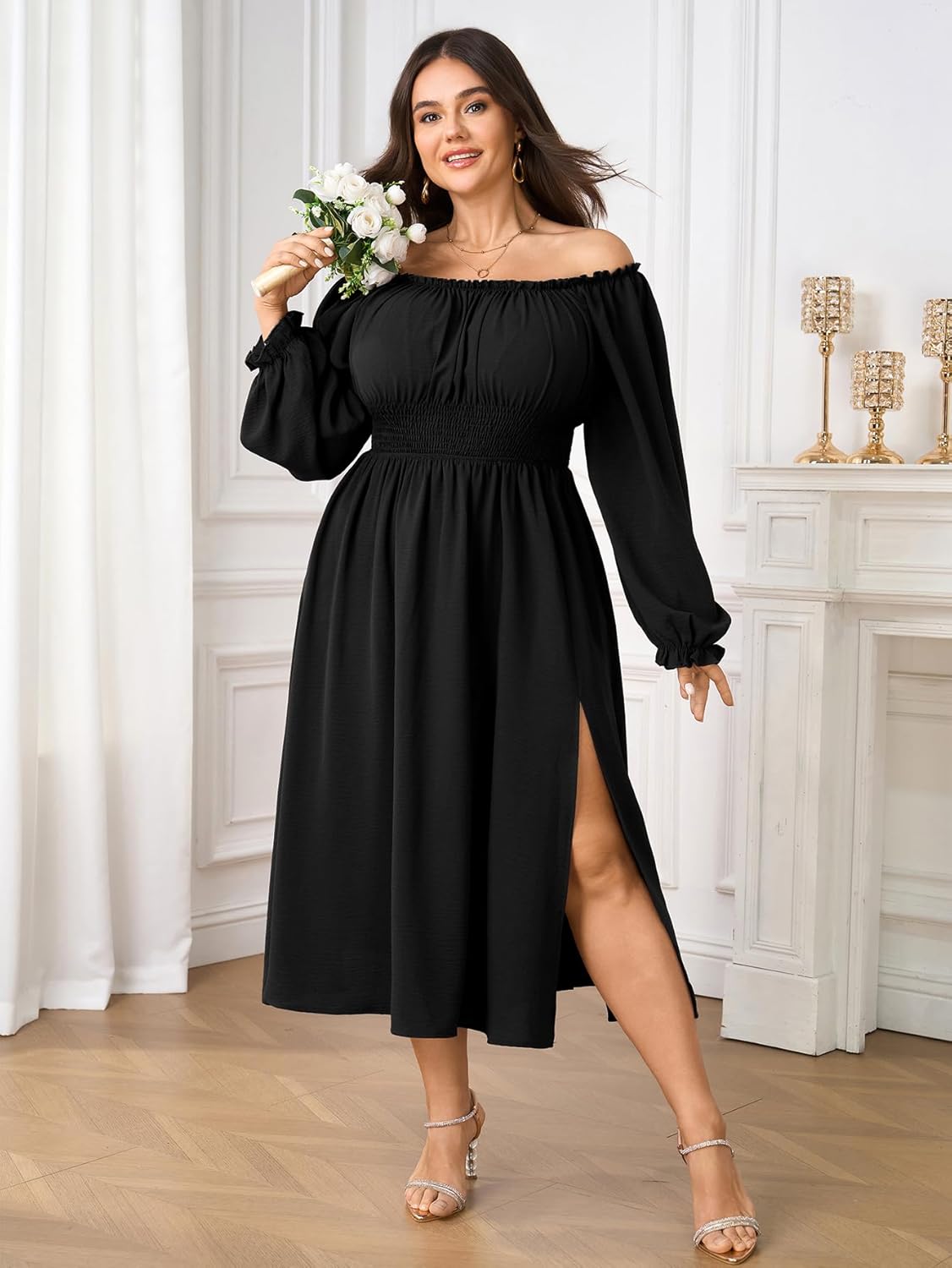 Plus Size Maxi Fall Wedding Guest Dress for Curvy Women Long Sleeve Smocked Formal Cocktail Party Dresses Slit - Image 4
