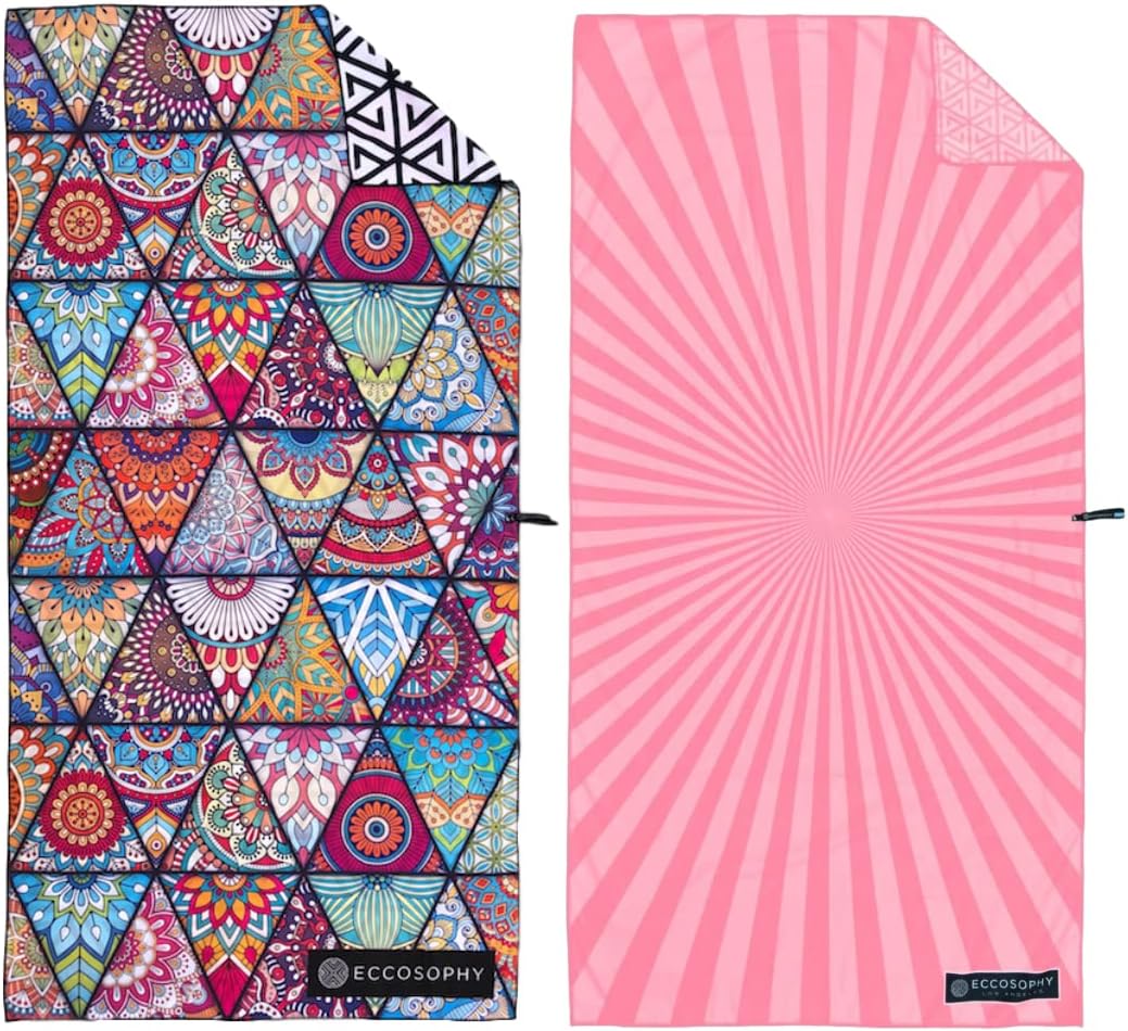 ECCOSOPHY Bundle of 2 Large 71x35 inch Microfiber Beach Towels with Travel Pouch. Designed to Keep You Sand Free and Comfortable.
