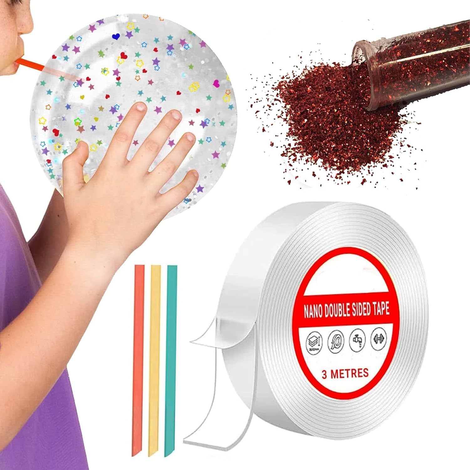 Spocky Decor Nano Tape with Glitter Flakes Stars Straw for Balloon Double Sided Ivy Grip Tape for Walls Washable Reusable Strong Sticky Strips Multicolor Moon & Heart Art and DIY kit