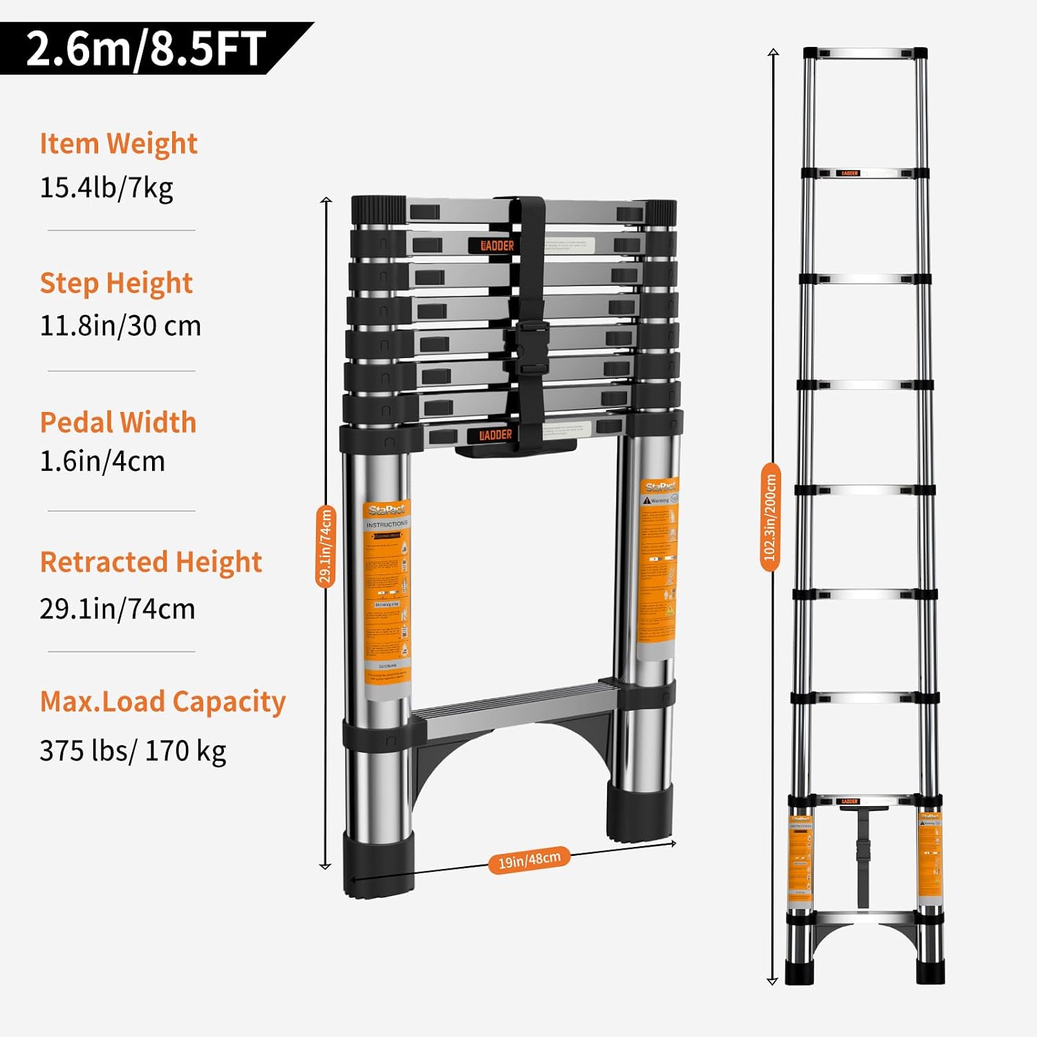 Telescoping Ladder, Telescopic Ladder for Home, Roof, RV (8.5FT/2.6M) | Stainless Steel Extension Ladder with 2 Triangle Stabilizers, Heavy Duty 330 lb Capacity