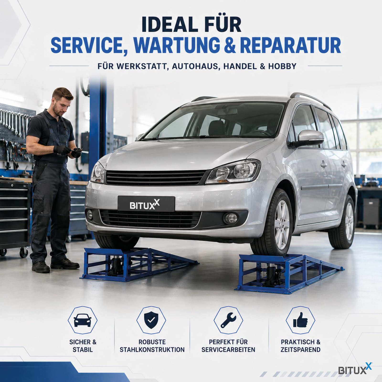 BITUXX 2 Stück Auto PKW KFZ Auffahrrampen Set mit Wagenheber hydraulisch Höhenverstellbar Wartungsrampe Hebebühne Rampe Auffahrrampe Auffahrbock