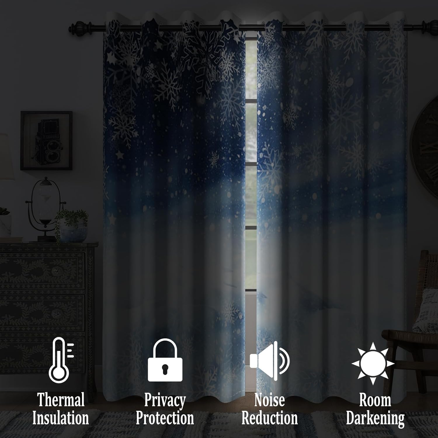 Renaiss Winter Snow Scenery Blackout Curtains for Bedroom Christmas Snowflakes Window Curtain Falling Snowfield Landscape Window Drapes for Living Room Decor Curtains 2 Panels Set, 26x63 Inch