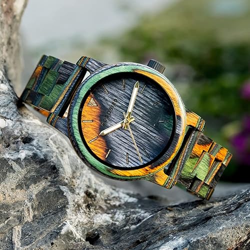 Miniatura 6 de BOBO BIRD Reloj de madera para hombre, reloj de pulsera analógico de cuarzo de moda, relojes de madera hechos a mano coloridos para hombres