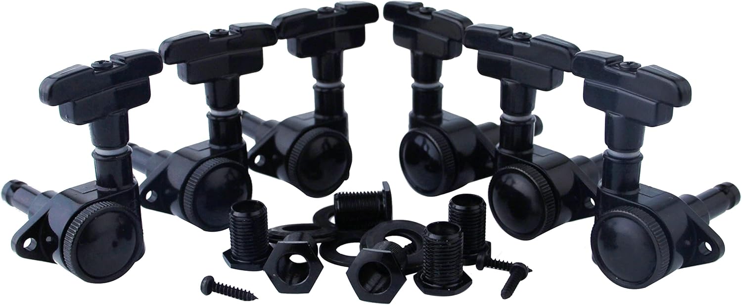 Guyker Guitar Locking Tuners (3L + 3R Handed) - 1:21 Lock String Art Deco Rotomatic Tuning Key Pegs Machine Head with Imperial Style Head Replacement for Electric, Folk or Acoustic Guitars - black