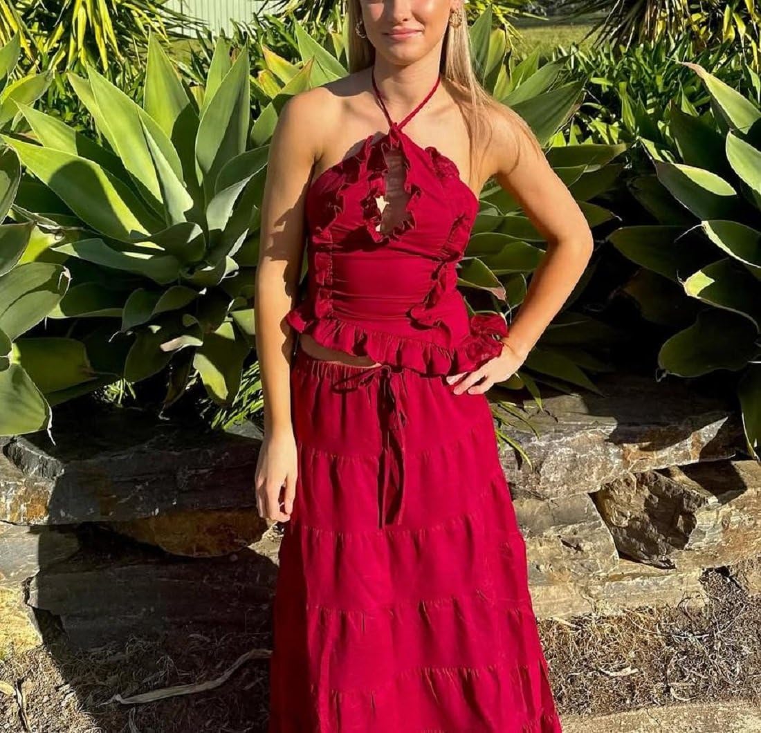 Damen 2 Stück Maxirock Set Y2k Halter geraffte Cami Top Tiered Flowy Ruffle Rock Sommer Strand Outfits