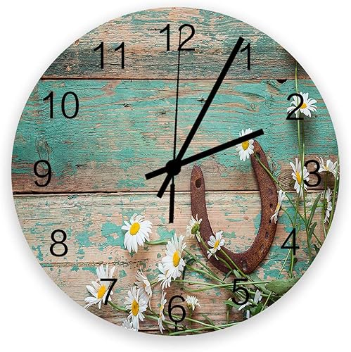 Reloj de pared de 12 pulgadas, silencioso, sin tictac, de madera de herradura, funciona con pilas, fácil de leer, reloj redondo de madera,