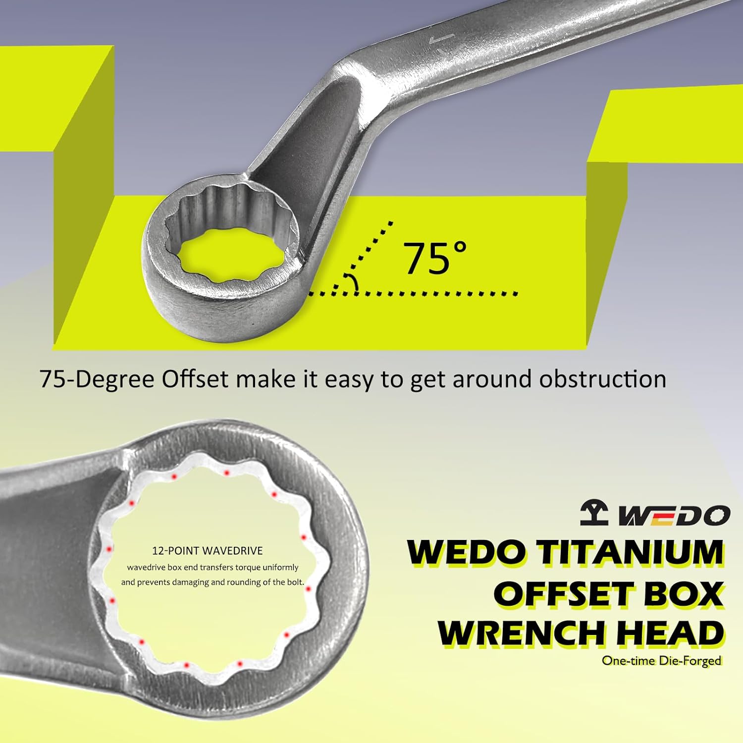 WEDO Titanium 75-Degree Deep Offset Double Box End Wrench, 17x19mm, Length 280mm, Lightweight, Non-magnetic, Corrosion Resistant, One-time Die-forged,Apply in Aerospace, Marine, Petrochemical