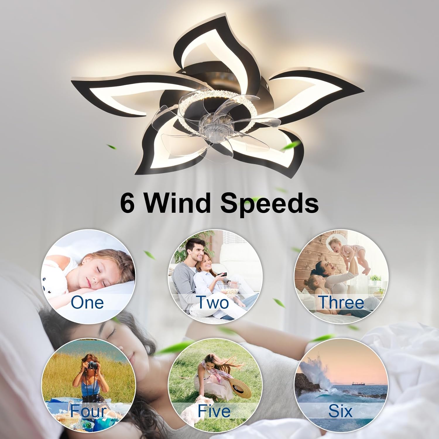 26" Geometric Ceiling Fan with Lights Remote Control, 6 Speeds 3 Colors, Black Low Profile Flush Mount Ceiling Fan for Kitchen Bedroom Living Room