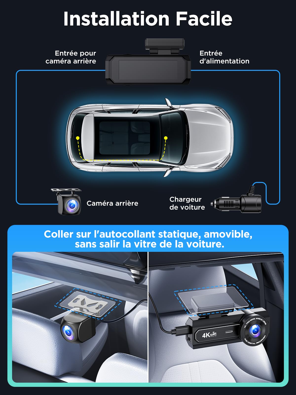 Penemay Dashcam Voiture Avant Arrière, 4K+1080P Camera Voiture, Carte SD 64G, 2,99'' IPS WiFi Caméra Embarquée Voiture avec Vision Nocturne, WDR, Grand Angle 170°, G-Capteur (B-T006)