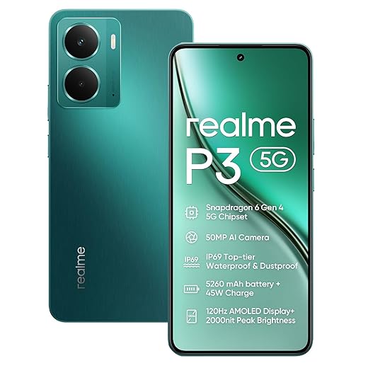 realme P3 5G Smartphone 8+256GB,Chipset Snapdragon 6 Gen 4,Batteria 5000mAh,Fotocamera AI 50MP,Display AMOLED Esports 120Hz,NFC,Dual Sim,IP69,Verde