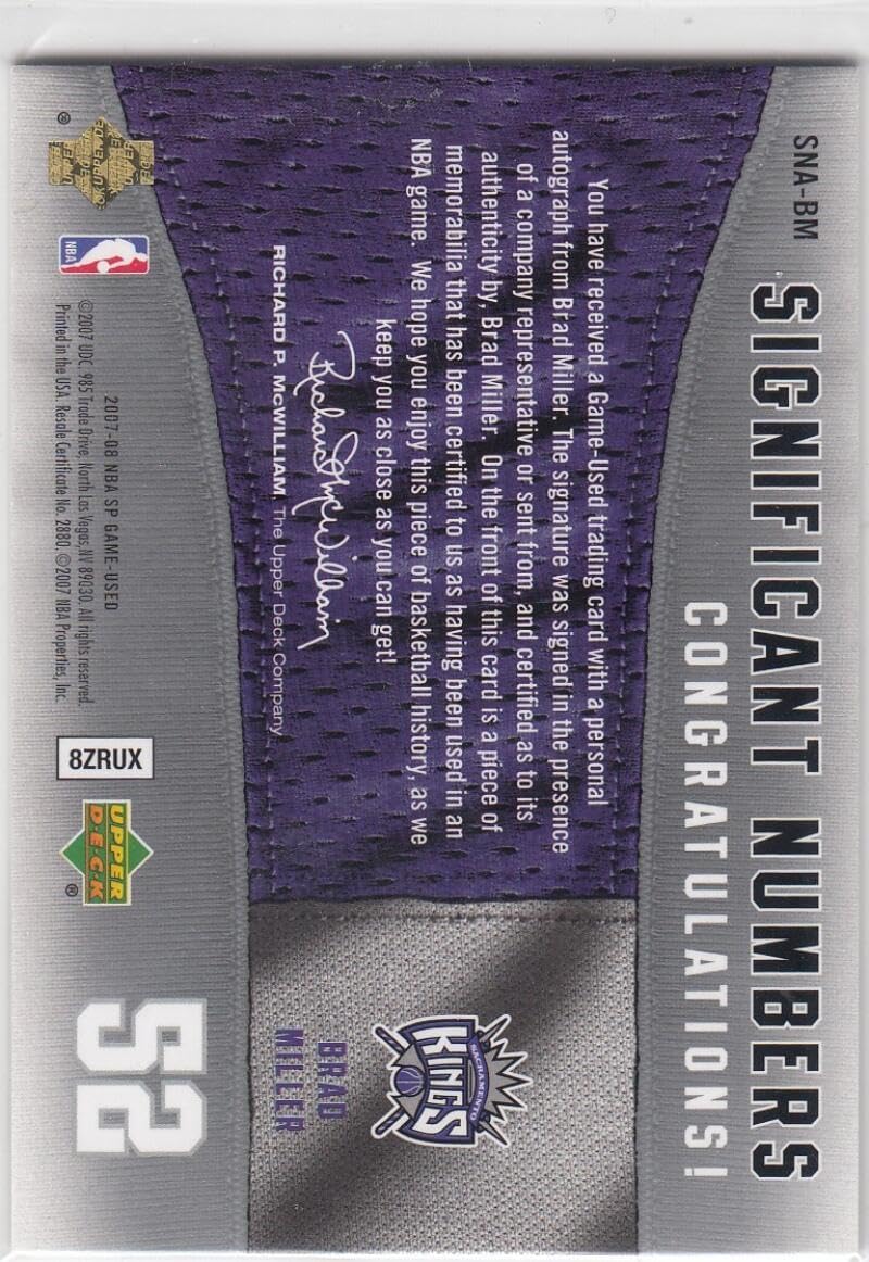 Basketball Trading Card 2007-08 SP Game Used Significant Numbers Autographs #BM Brad Miller EX/NM Auto 41/52 Sac Kings