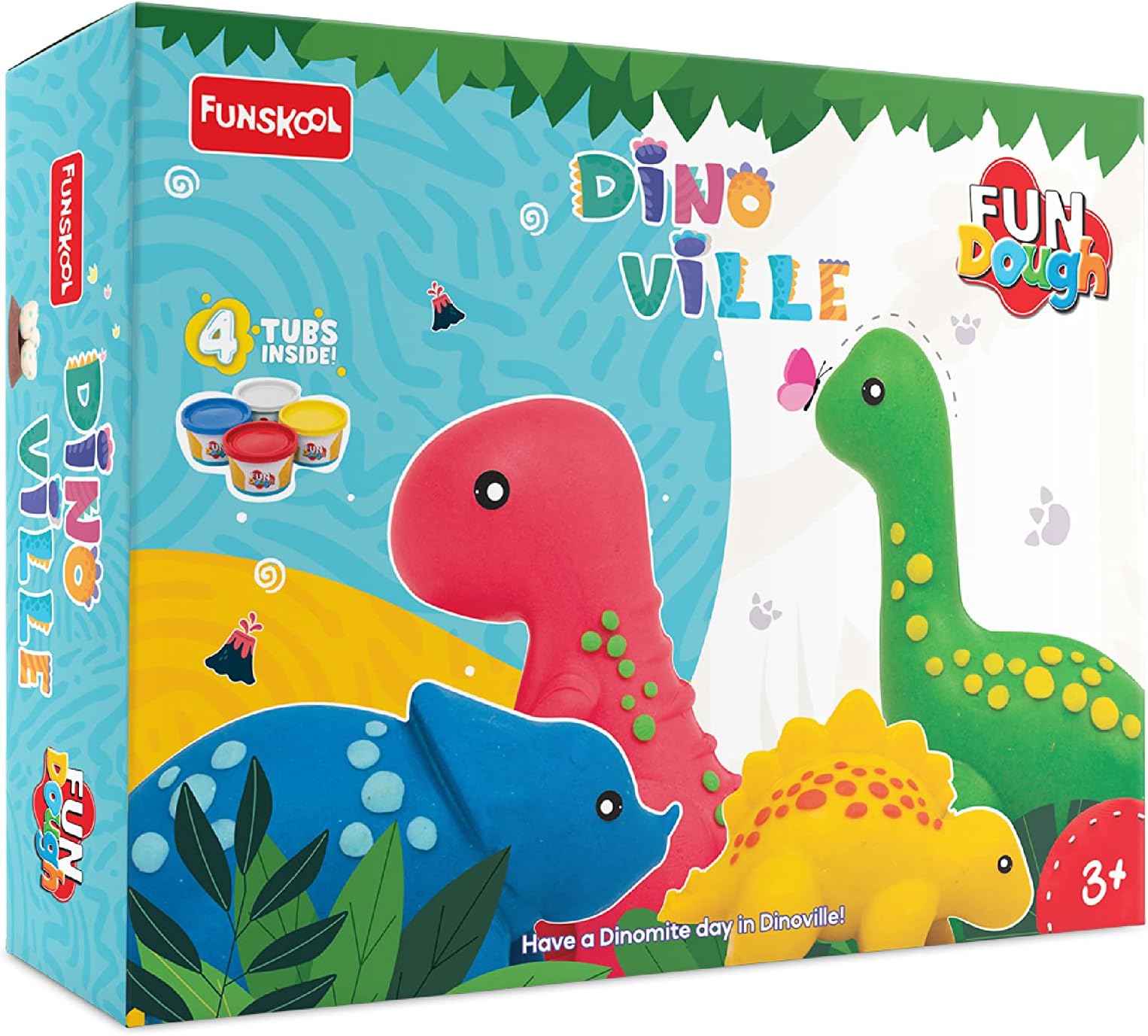 Fundough Funskool Dino Ville Play Set for Kid, 4 Colorful Tubs of 75g Each (300g Total), Learning, Fun & Engaging Activity, Multicolour, Gift Set for Kids, Age 3+ Years