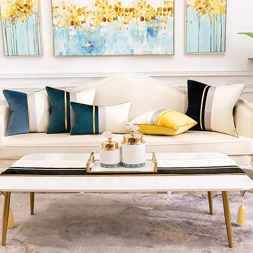 Miniatura 7 de Avigers Funda de cojín de terciopelo a rayas de cuero negro blanco y dorado de 20 x 20 pulgadas, funda de almohada decorativa para sofá, sala de