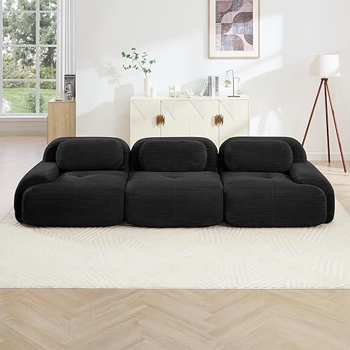Miniatura 3 de Sofá moderno comprimido sin estructura de 116 pulgadas, sofás seccionales de 3 plazas para sala de estar, sofá seccional modular de pana negra tipo