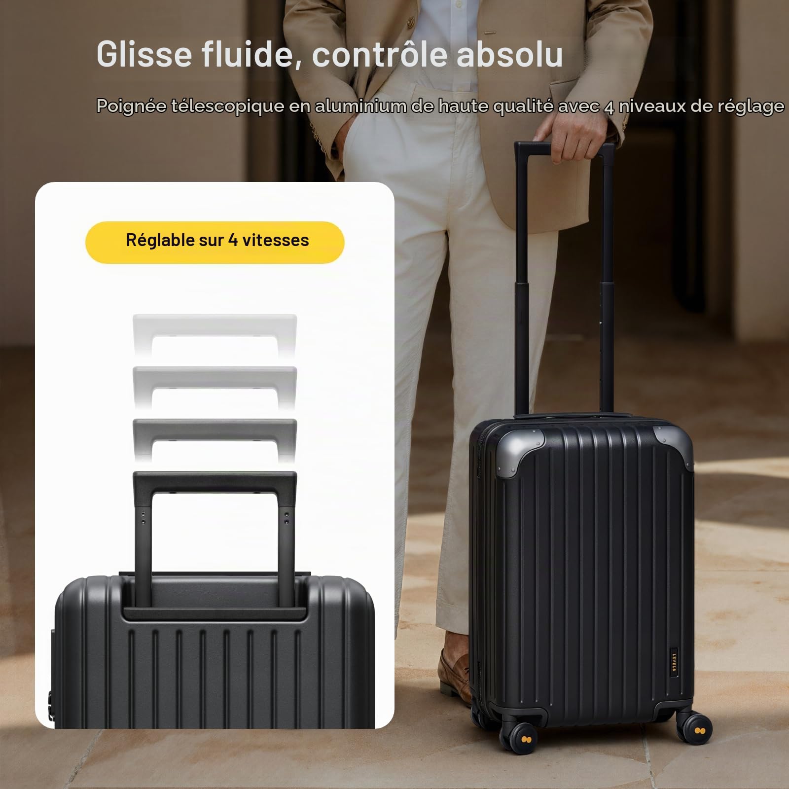 LEVEL8 Valise Cabine Légère PC 4 roulettes Silencieux TSA, 54.5cm, 34L,Noir