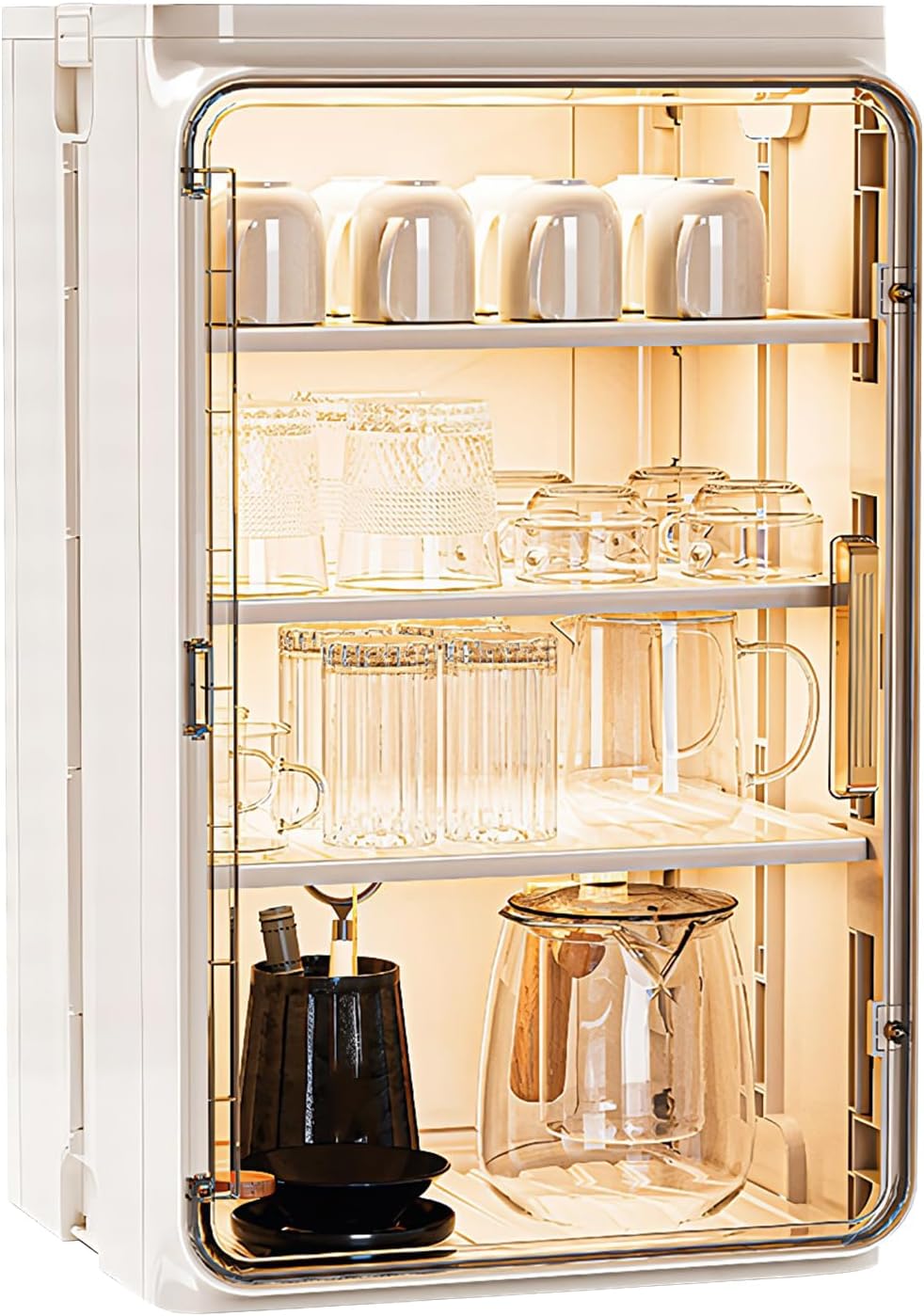 Cup and Mug Storage Containers, Stackable Plastic Multilayer Cup Storage Box, Desktop Tea Set Display Rack with Doors and Shelves for Bathroom Kitchen Home Use-Large white