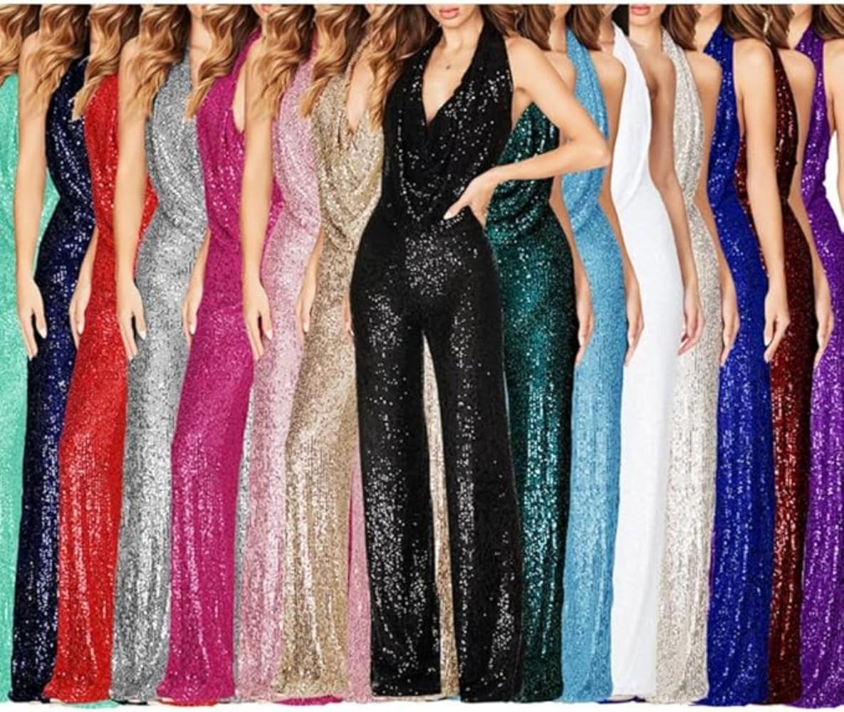 Pailletten-Jumpsuit, Pailletten Jumpsuit Damen Elegant Glitzer Jumpsuits Festlich, Festival Playsuit Lang Ärmellos Romper, hängender Hals für Club-Partys und besondere Anlässe, L