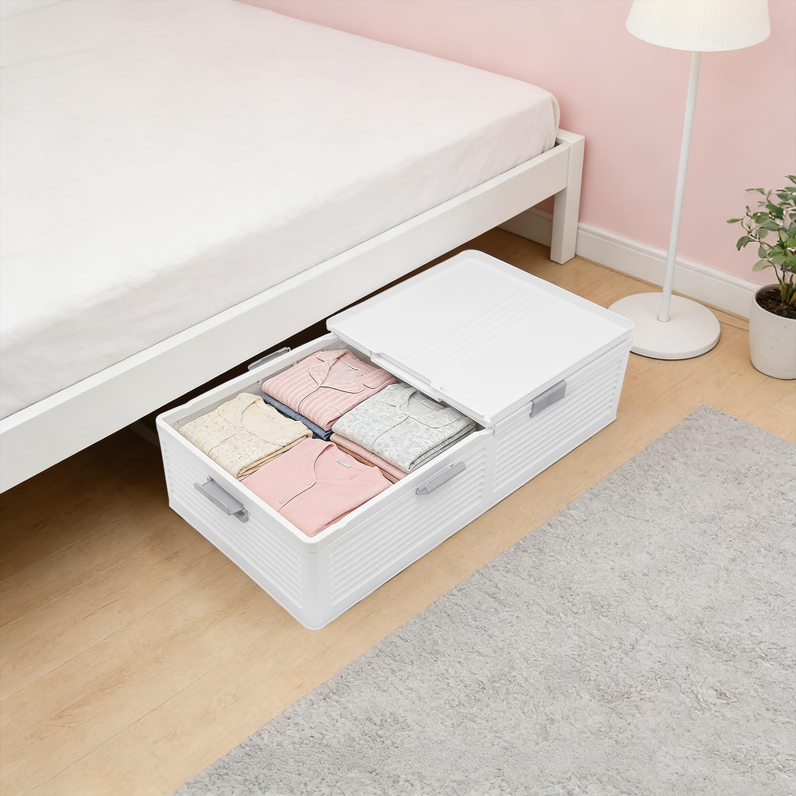 Unterbett Aufbewahrungsbox 101x51.5x24cm, faltbare Unterbettkommode mit Rollen, Kunststoffbox mit doppelseitigem Deckel, für Kleidung, Schuhe und Bettwäsche, Weiß