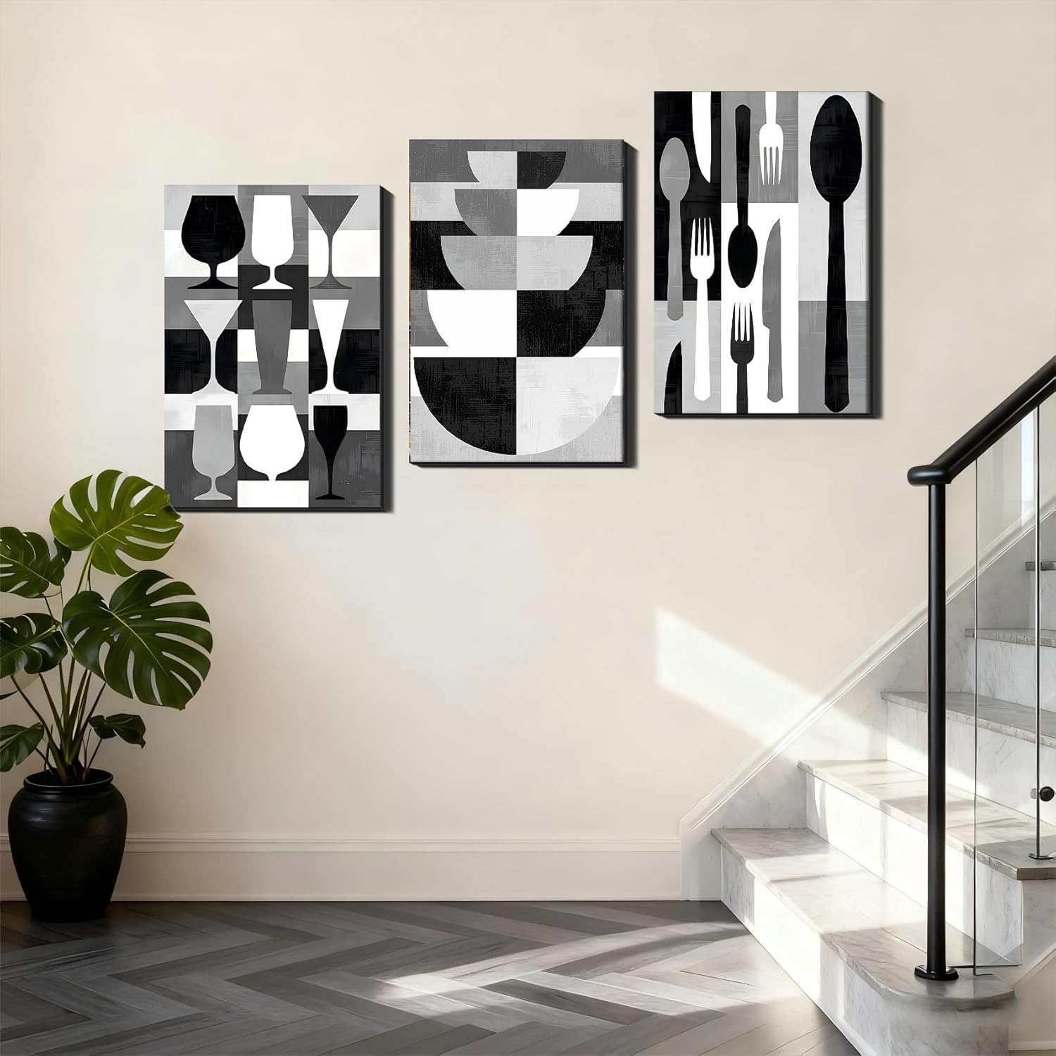 Set of 3 Framed Canvas Pictures - Modern Kitchen Wall Decor, Black & White Utensil Prints for Dining Room, Minimalist Canvas Art, Stylish Framed Home Aesthetic Accents