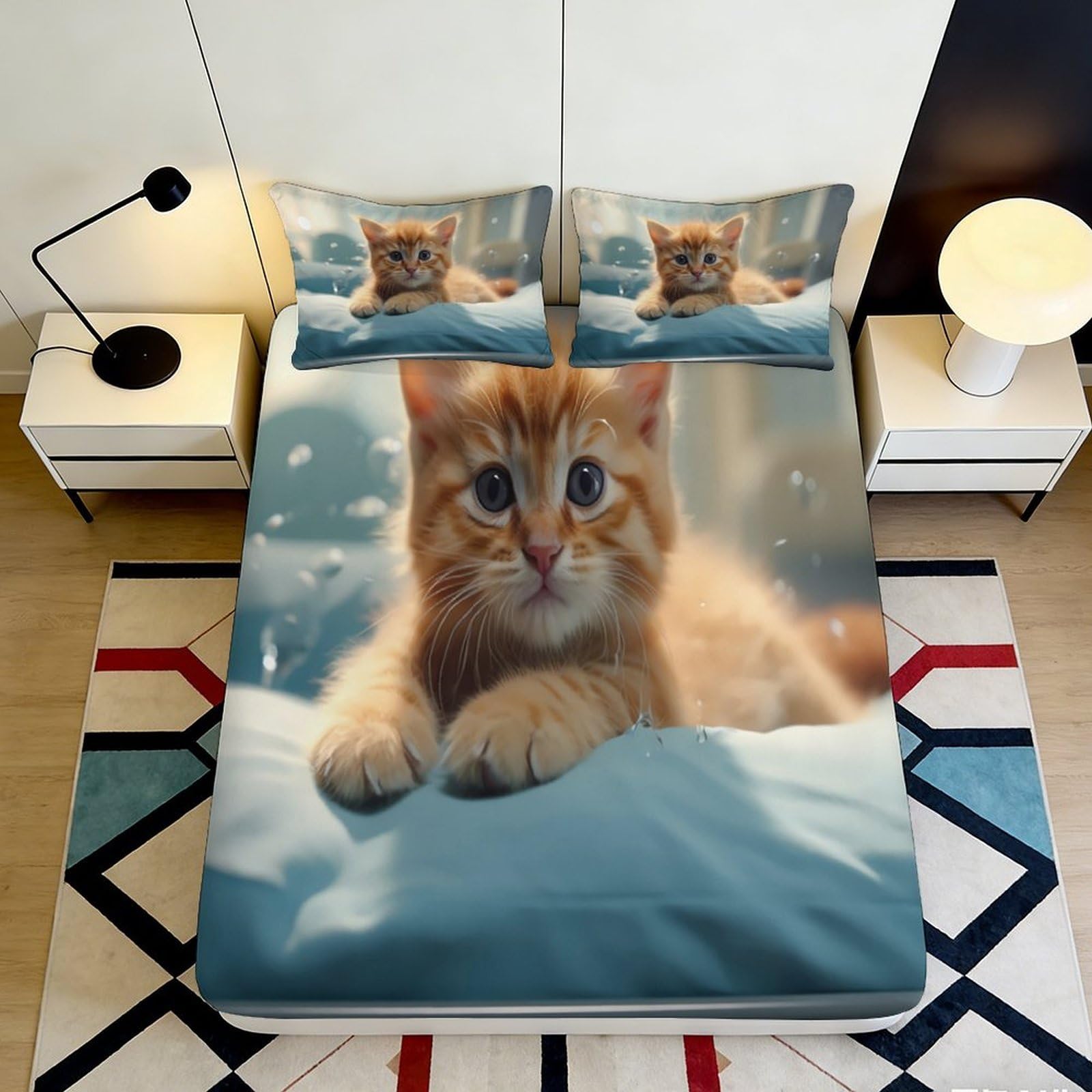 3D Printed Ginger Cat Fitted Sheet Microfiber Soft Breathable Kitten Bed Cover for Bedroom Guest Room Mattress Decor 90x200x25cm