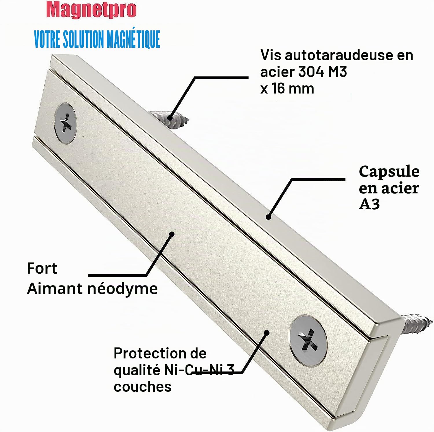 Magnetpro 2 aimants rectangulaires de 30 kg, force 60 x 13,5 x 5 mm, avec trou et capsule en acier, pour usage domestique et industriel avec vis