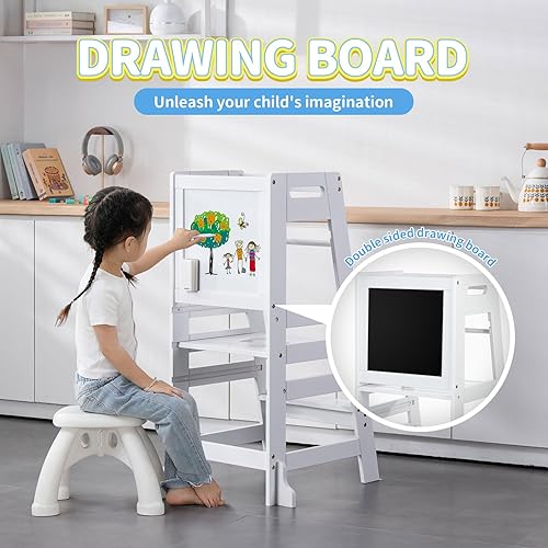 Miniatura 3 de UNICOO Taburete de cocina de bambú de altura ajustable para niños, torre de aprendizaje y taburete auxiliar para baño, encimera de cocina, diseñado