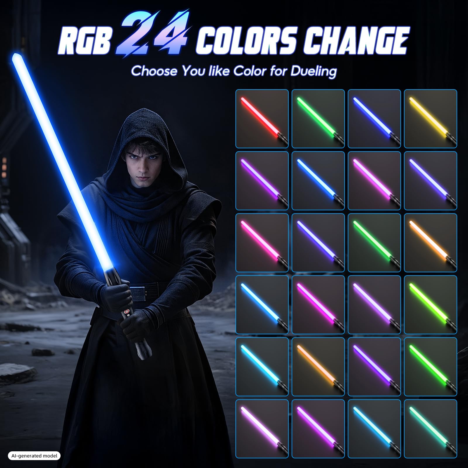 Sable de luz RGB 24 Colores, 102 CM Sable láser con USB Recargable Cara Mango de Metal Vibrante, Espada con Sonido FX para Navidad Cosplay Regalos (Prisma 2pc)
