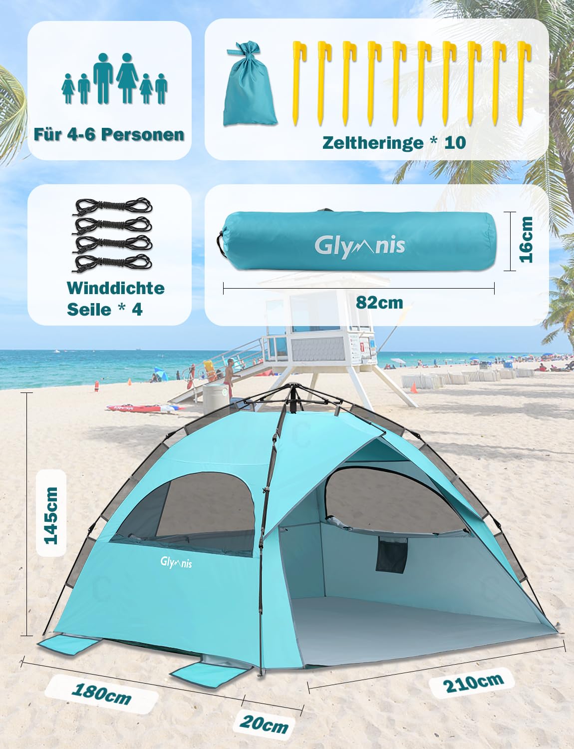 Glymnis Strandmuschel Quick Up Strandzelt Automatisches Zelt UV-Schutz 50+ Windschutz für 4-6 Personen Blau