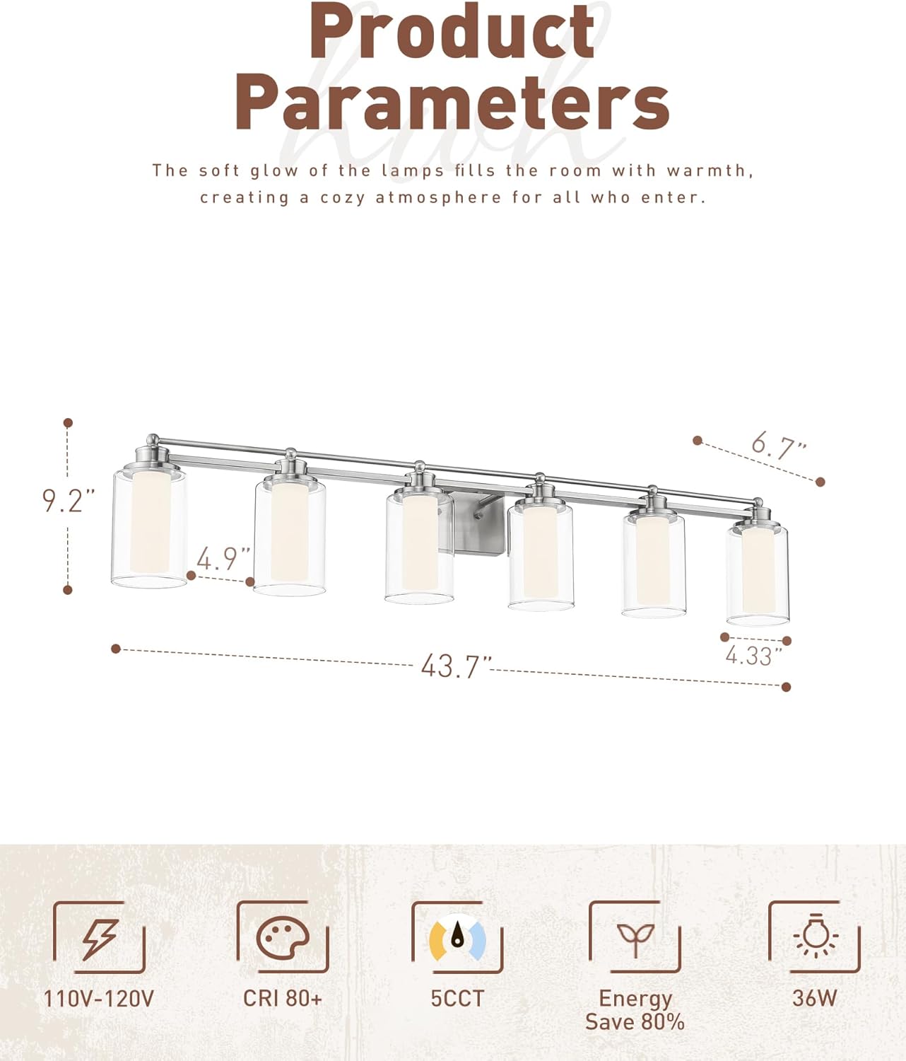 6 Light Bathroom Vanity Light, HWH Brushed Nickel Vanity Lights for Bathroom, Modern Vanity Lights Over Mirror with Clear Glass Shade, 36W 5CCT LED Wall Lights Dimmable, 5HLT63B-6W-LED BN