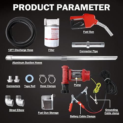 Miniatura 23 de Bomba de transferencia de combustible de 110V AC 12GPM con boquilla automática y kit de manguera para gasolina diesel rojo con filtro de partículas