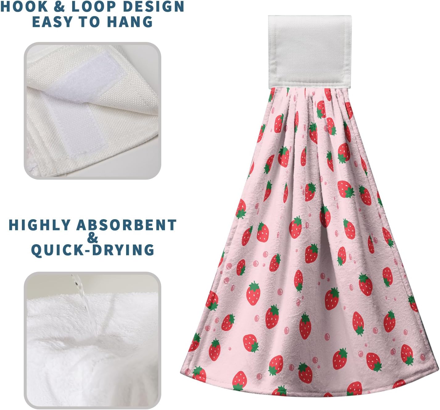 Strawberry Kitchen Hanging Towels Set of 2 Summer Pink Red Cute Hand Towel with Hanging Loop Farmhouse Strawberries Fruit Tea Dish Towel Soft Absorbent Bath Tie Towel for Bathroom - Image 5