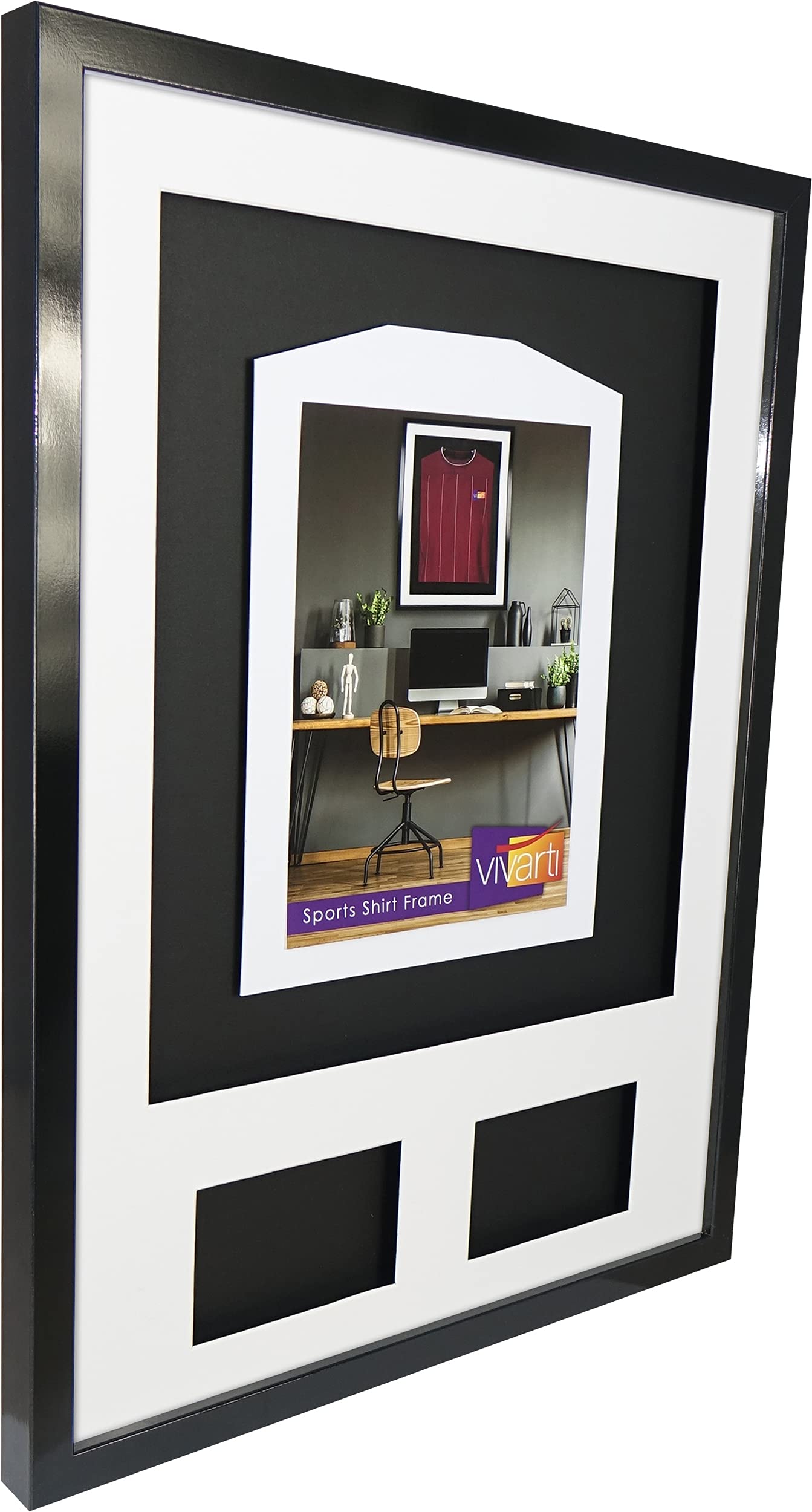 Vivarti DIY - Marco de visualización para camisa deportiva con doble apertura (50 x 70 cm), color negro brillante, soporte blanco, tarjeta trasera negra