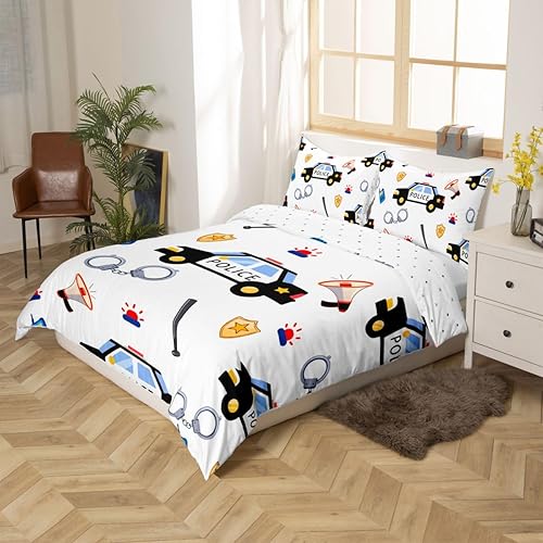 Miniatura 2 de Feelyou Funda de edredón de coche de policía, tamaño individual, funda de edredón de vehículo de policía, juego de ropa de cama blanca con patrón de