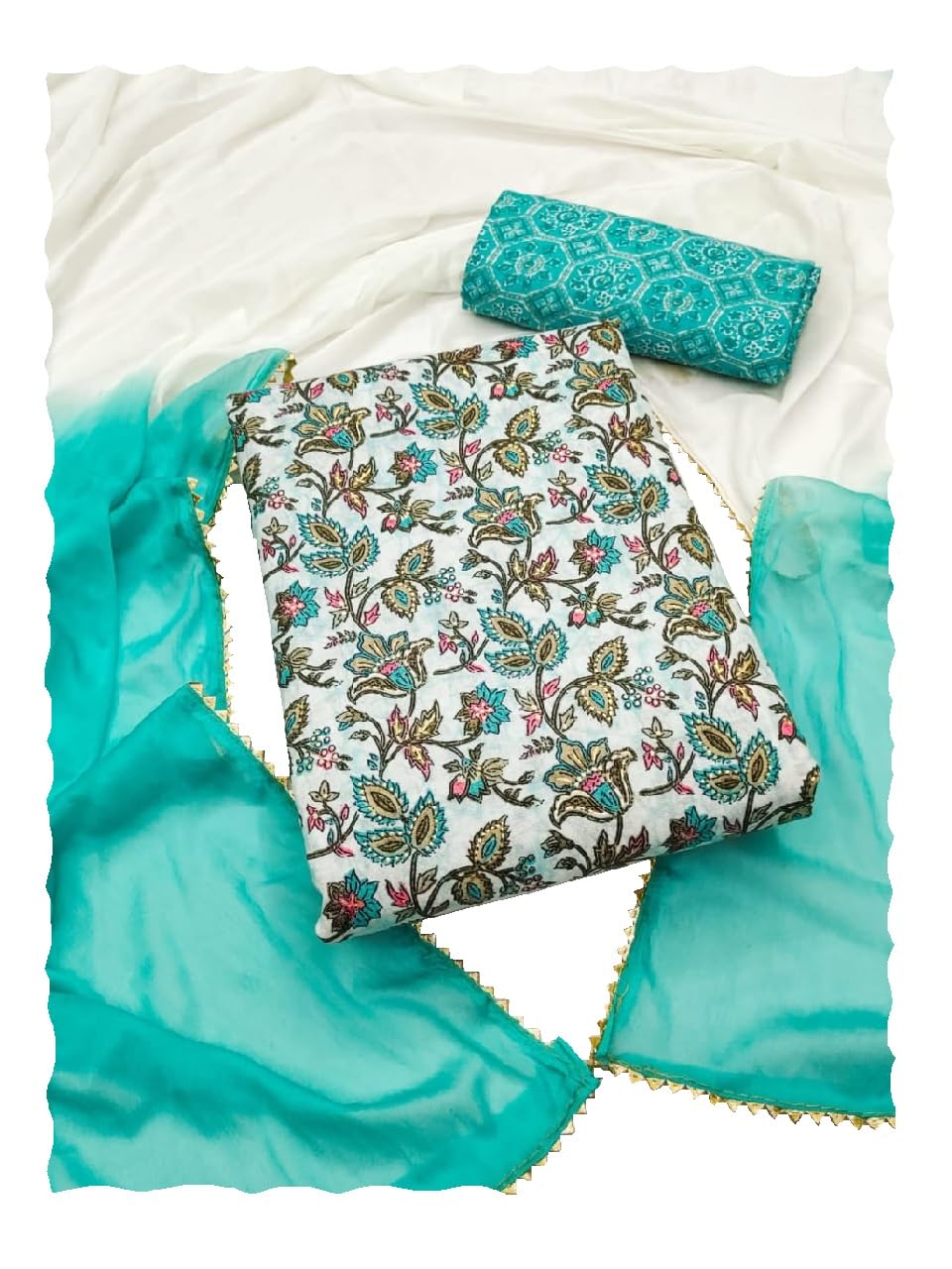 AntoniyaExclusive Women's Unstitched Dress Material Set - Magic Slub Cotton Top, Magic Cotton Print Bottom, and Chanderi Diable Dupatta with Gotta Patti - Indian Ethnic Wear