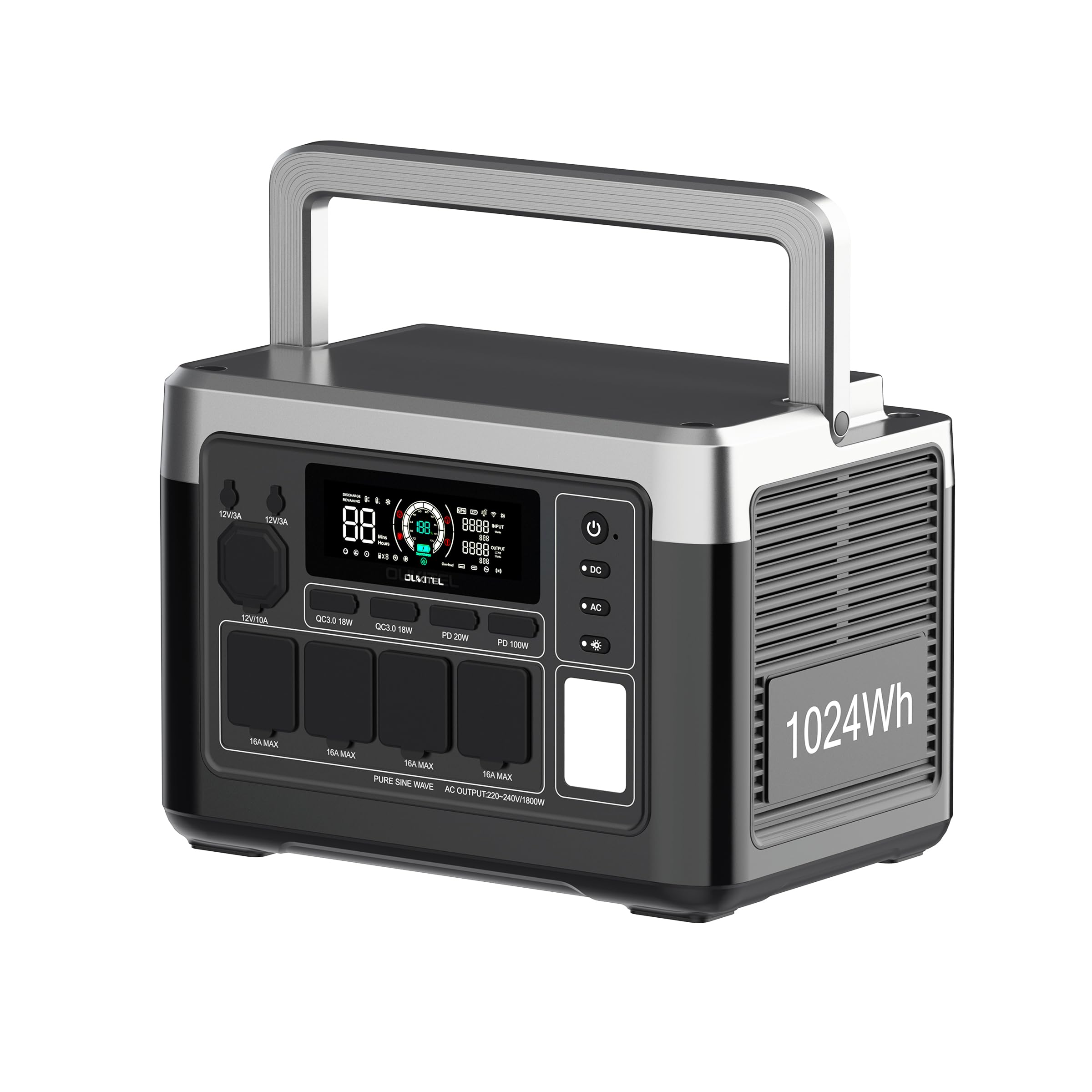 OUKITEL P1000PLUS Estación de Energía Portátil 1800W(Máxima 3600W), Generador Solar con Batería LiFePO4 1024Wh, Carga Rápida de 1200 W, con Control Mediante APP