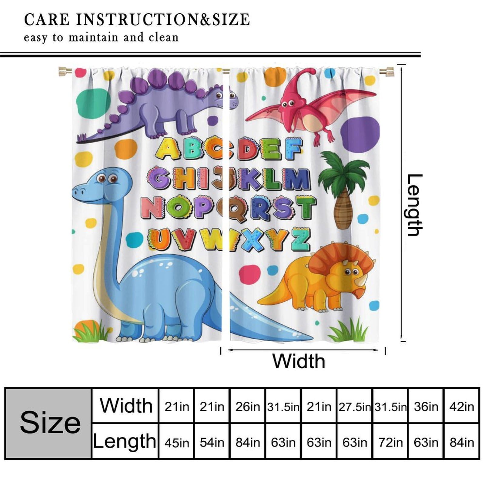 ABC Classroom Curtains Kids Curtains Colorful Cartoon Dinosaur Alphabet Learning Boys Girls Window Treatments for Toddler Bedroom Window Drapes 63