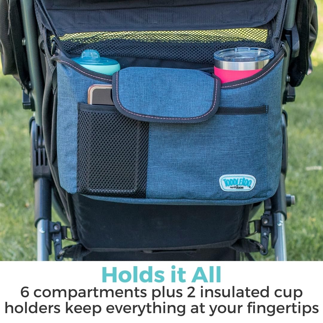Toddleroo by North States Kinderwagen-Organizer: Universal-Kinderwagen-Caddy mit Getränkehalter, verstellbare Aufbewahrung, Marineblau