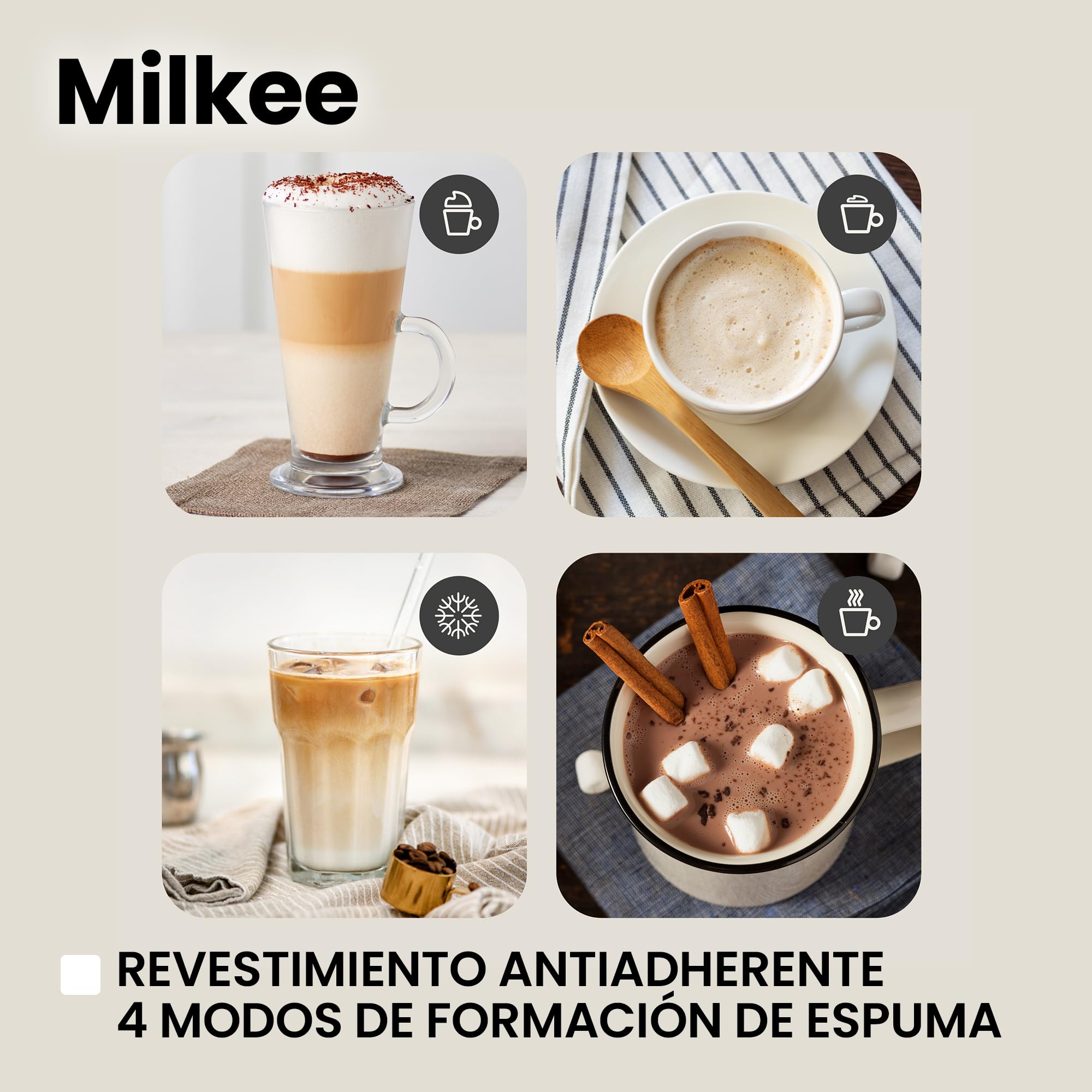 Zeegma Milkee - Espumador de Leche Eléctrico Milkee 650ml, Potencia de 500W, 4 Modos para Espumar y Calentar, Diseño Moderno con Mango de Madera, Fácil de Limpiar, Revestimiento Antiadherente - Blanco