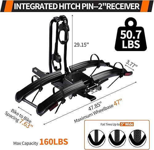 Miniatura 2 de Soporte de enganche eléctrico plegable para bicicleta con rampa para receptor de 2 pulgadas, 2 portabicicletas para automóvil, neumático de hasta 4