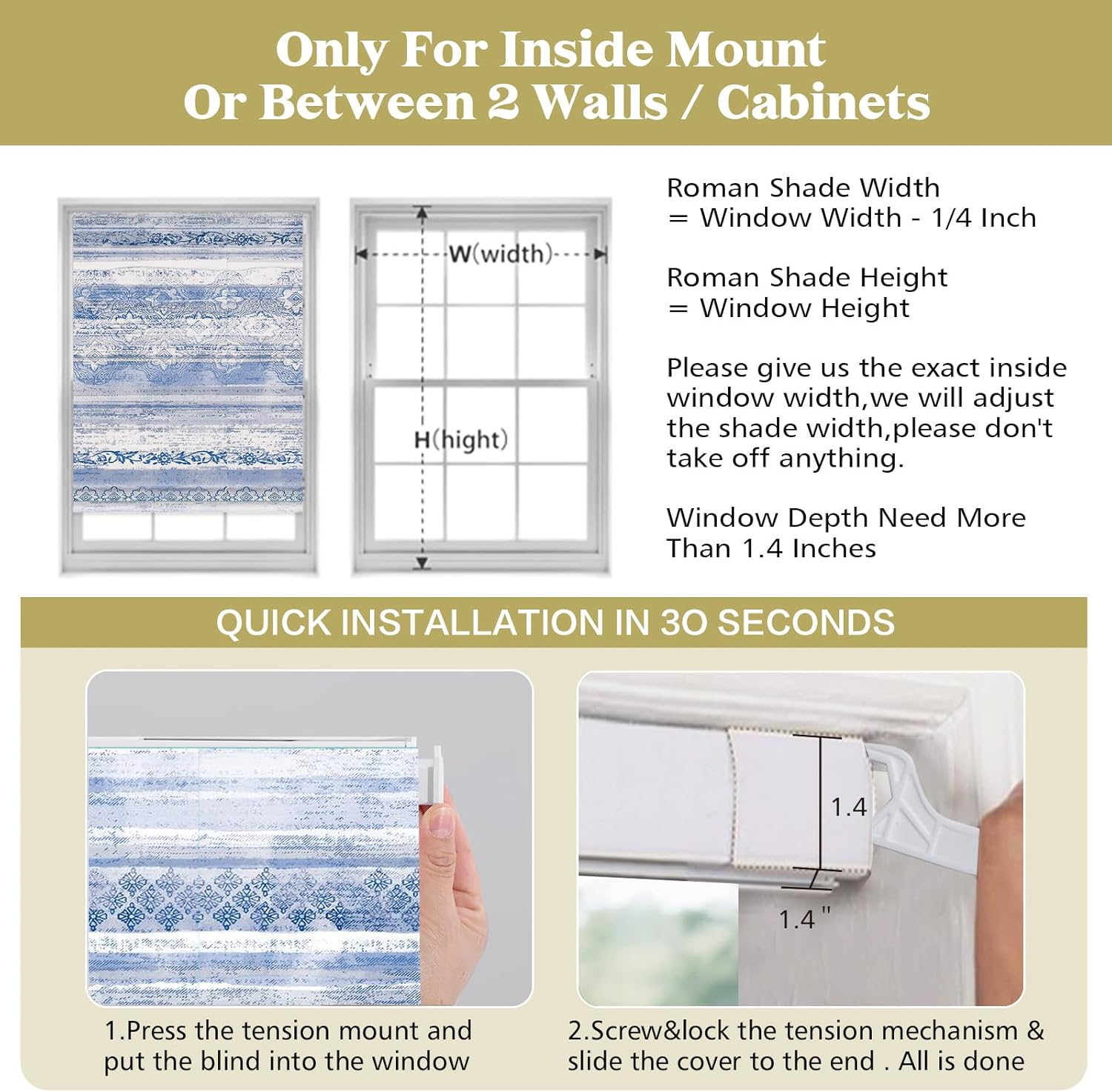 No Drill Roman Shades for Windows No Tools Roman Shades, UV Protection, Thermal Insulation Roman Blinds, Custom Size Blinds for Windows, Doors, French Doors,Color 16