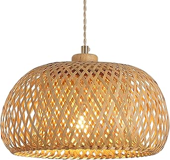 Bamboo Pendant Light Fixture One-Light Adjustable Boho Basket Handmade Woven Pendant Lighting for Kitchen Island Sink Farmhouse Dining Room