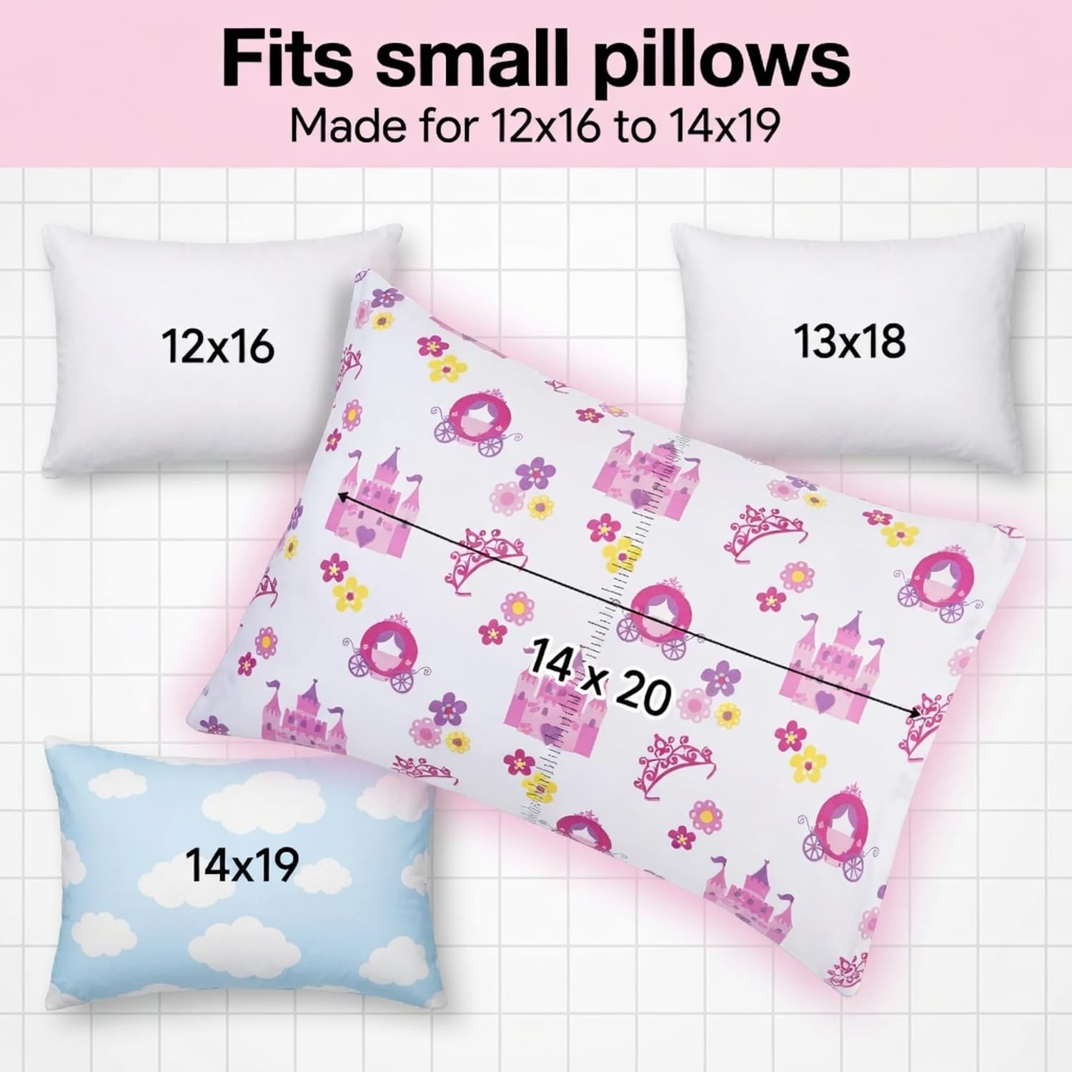 Paquete de 2 Fundas de Almohada de Viaje para niños pequeños, 100% Microfibra Suave, Transpirable e hipoalergénica, Fundas de Almohada para niños de 14 x 19, 13 x 18 o 12 x 16 Pulgadas, Princess