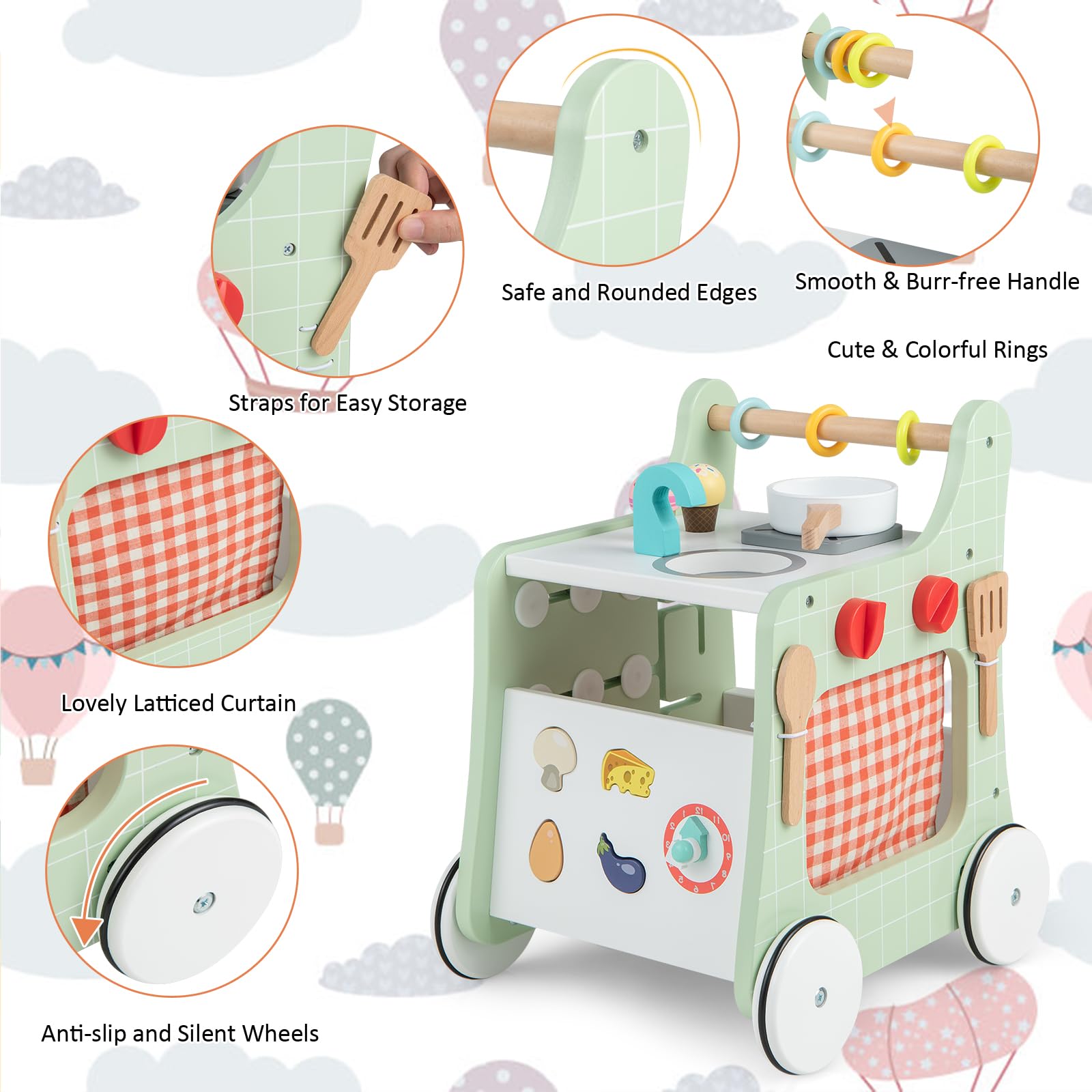 LIFEZEAL Lauflernwagen für Kinder ab 1 Jahren, Lauflernhilfe aus Holz, Baby Walker mit Spielküche & Rädern & Bauklötzen, Baby Aktivitätszentrum Set