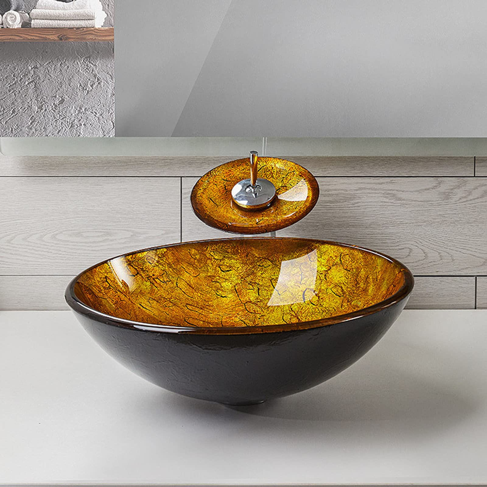SPRIFON Gold Bathroom Sink Ceramic Vessel Sink with Waterfall Faucet and Drain Combo Rectangular Vessel Sink Above Counter Artistic Bowl Sink, Vessel Sinks - Canada