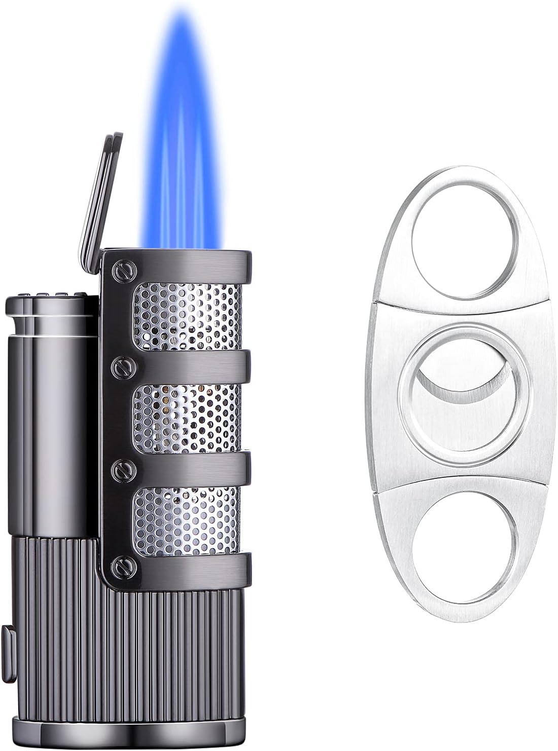 Cigar Lighter, Triple Jet Torch Butane Refillable Lighters with Cigar Punch Cigar Cutter, Multi-Functional Cigar Accessories, Windproof Lighters for Smoking with Gift Box (Butane Not Included)