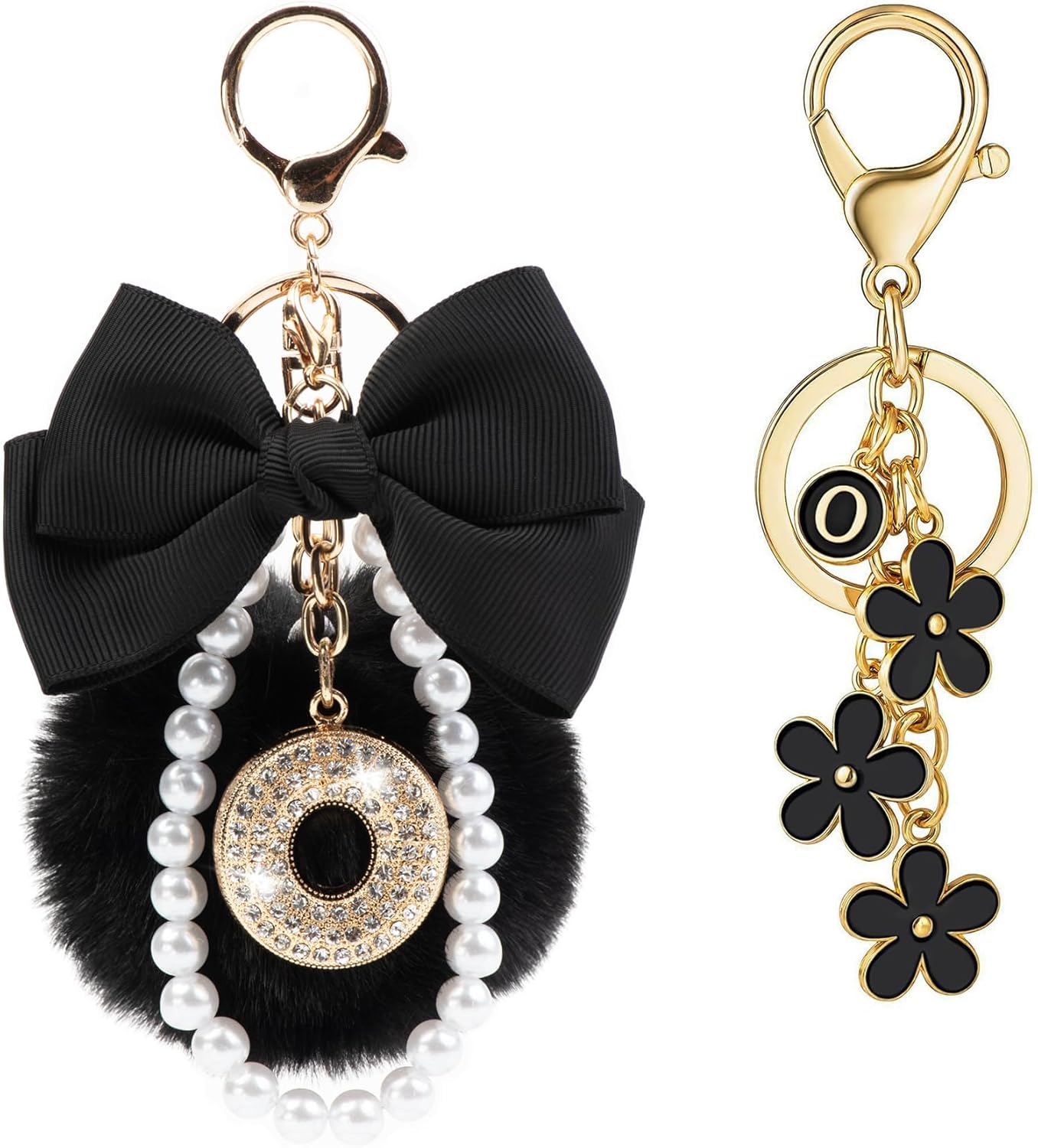 YOU WIZV Initial Letter Keychain for Women Girls Cute Bow Flower Puff Ball Pom Purse Bag Chains for Handbags Backpack